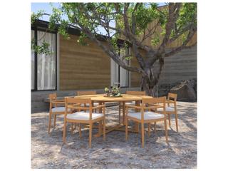 Oxford Garden Lido Teak Natural 7 Piece Outdoor Patio Dining Set with Sunbrella Bliss Linen Cushions