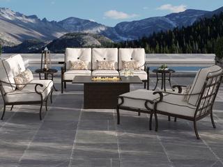 Castelle Monterey Deep Seating Cast Aluminum Cushion Fire Pit Patio Lounge Set