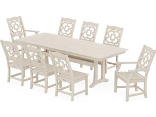 POLYWOOD® Martha Stewart Chinoiserie 9-Piece Farmhouse Patio Dining Set with Trestle Legs