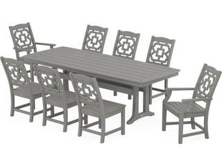 POLYWOOD® Martha Stewart Chinoiserie 9-Piece Outdoor Patio Dining Set with Trestle Legs
