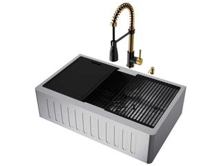 Vigo Oxford Stainless Steel 33" Rectangular Single-Bowl Farmhouse Kitchen Sink with Matte Gold / Matte Black Brant Faucet
