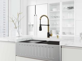 Vigo Oxford Stainless Steel 33" Rectangular Single-Bowl Farmhouse Kitchen Sink with Matte Gold / Matte Black Brant Faucet