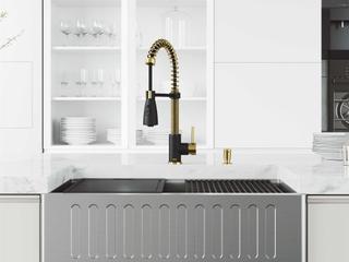 Vigo Oxford Stainless Steel 33" Rectangular Single-Bowl Farmhouse Kitchen Sink with Matte Gold / Matte Black Brant Faucet