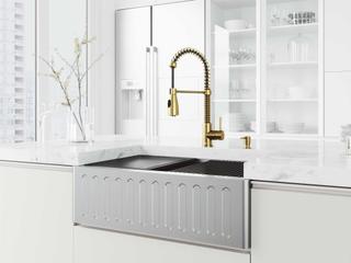 Vigo Oxford Stainless Steel 30" Rectangular Single-Bowl Undermount Slotted-Front Farmhouse Kitchen Sink with Matte Gold Pull-Down Sprayer Brant Faucet, Soap Dispenser and Grid