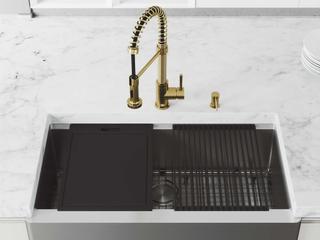 Vigo Oxford Stainless Steel 30" Rectangular Single-Bowl Undermount Slotted-Front Farmhouse Kitchen Sink with Matte Gold Pull-Down Sprayer Brant Faucet, Soap Dispenser and Grid