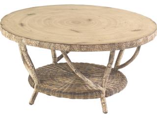 Whitecraft River Run Wicker Antique Palm Round Faux Birch Top Patio Coffee Table