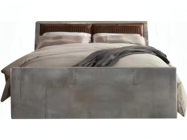 Brancaster Queen Platform Bed with Storage in Retro Brown Leather and Aluminum