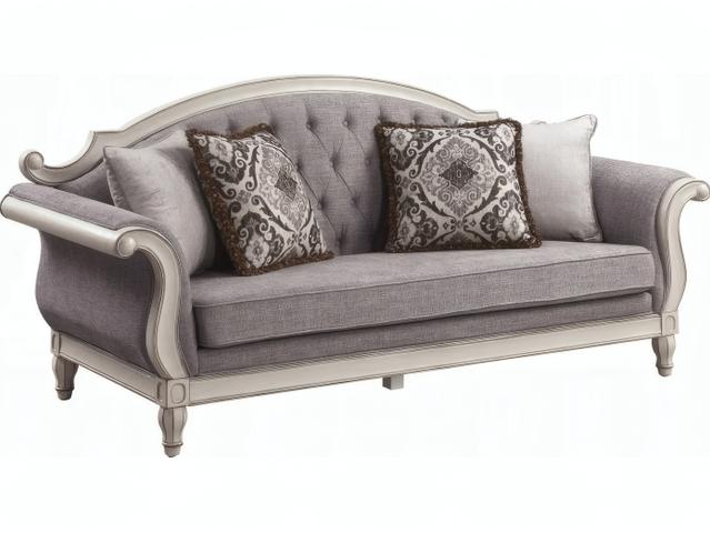 Florian 3-Seat Button Tufted Sofa in Gray Fabric and Antique White Wood