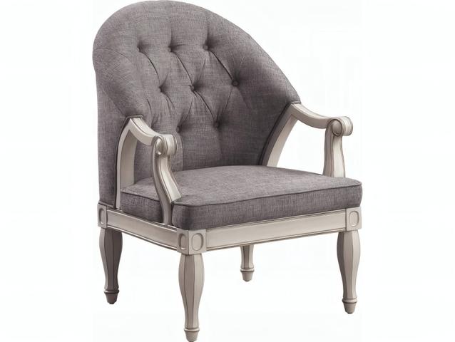 Florian Accent Chair Tufted Gray Fabric Antique White Wood