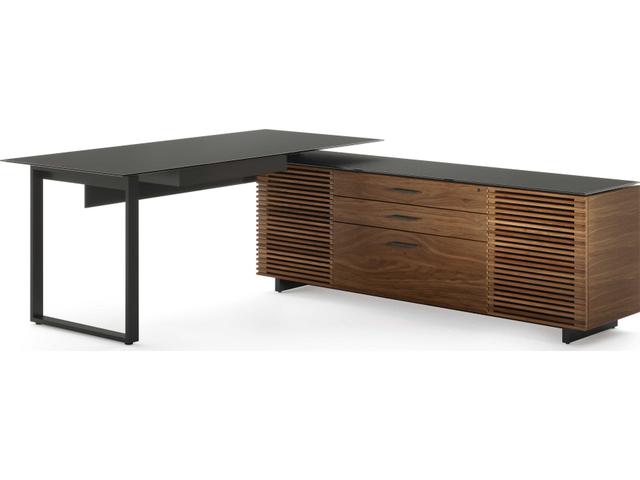 Corridor L Shaped Executive Desk Natural Walnut Satin Etched Glass