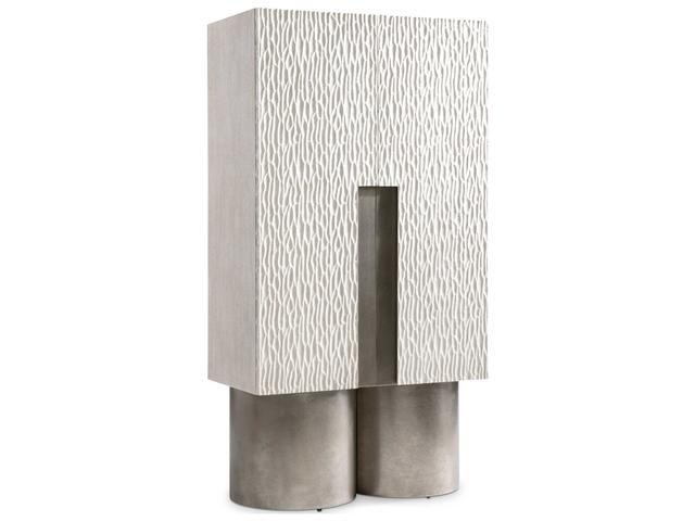 Solaria Bar Cabinet with Weathered Bone Finish and Chiseled Doors
