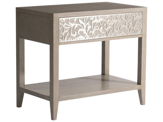 Cornelia Nightstand with Acanthus Leaf Frieze in Nebbia Finish