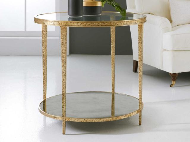 Small Sculpture Round Glass End Table in Antique Brass