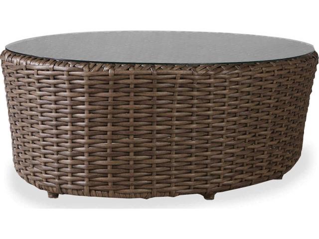 Largo 48 Inch Oval Wicker Coffee Table with Glass Top in Vintage Oak