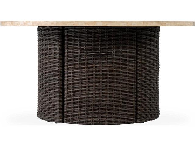 Mesa 48 Inch Round Wicker Fire Pit Table with Travertine Top in Pecan