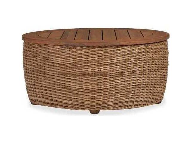 Tobago 35.5 Inch Round Wicker and Antiqued Teak Coffee Table