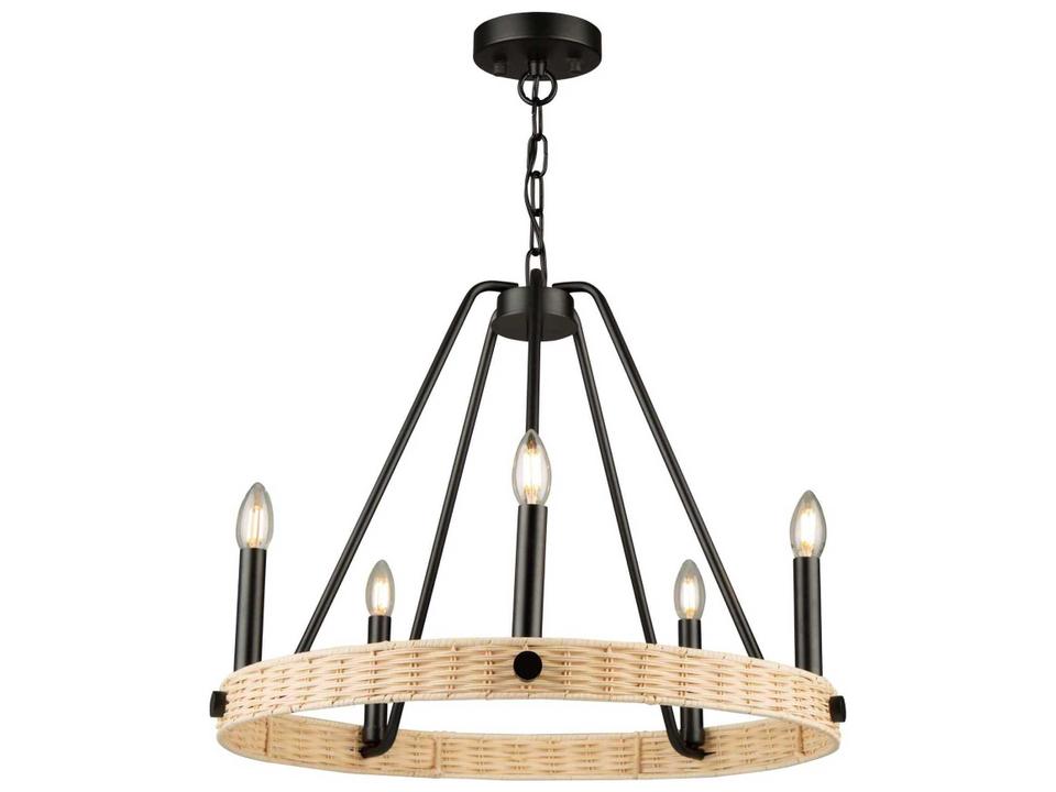 Perris 5-Light Chandelier with Rattan Shades in Black