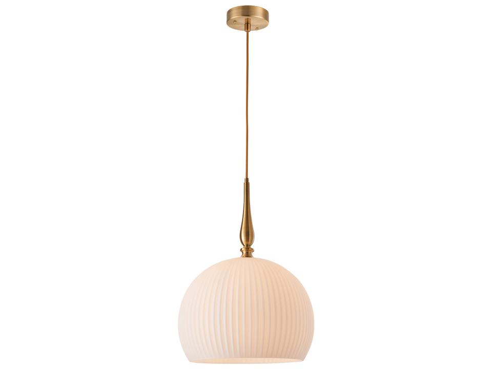 Kate 1-Light Brushed Brass Pendant Light with White Ribbed Glassware