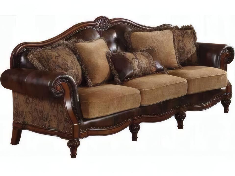 Dreena 3-Seat Bonded Leather and Chenille Sofa in Two-Tone Brown