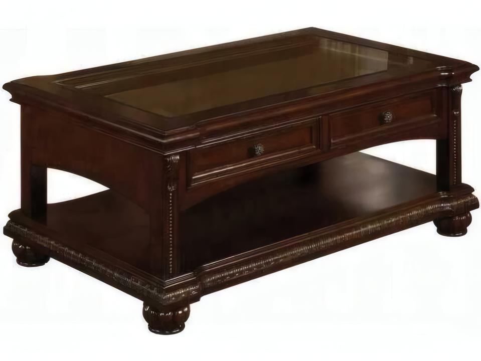 Anondale Rectangular Coffee Table in Cherry with Glass Insert