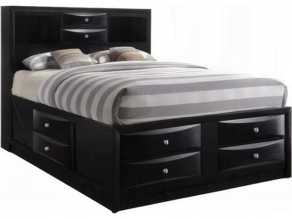 Ireland Queen Platform Bed with Bookcase and Storage in Black