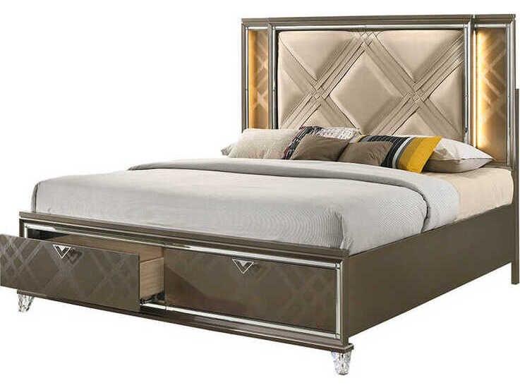 Skylar Champagne Rubberwood Upholstered King Platform Bed