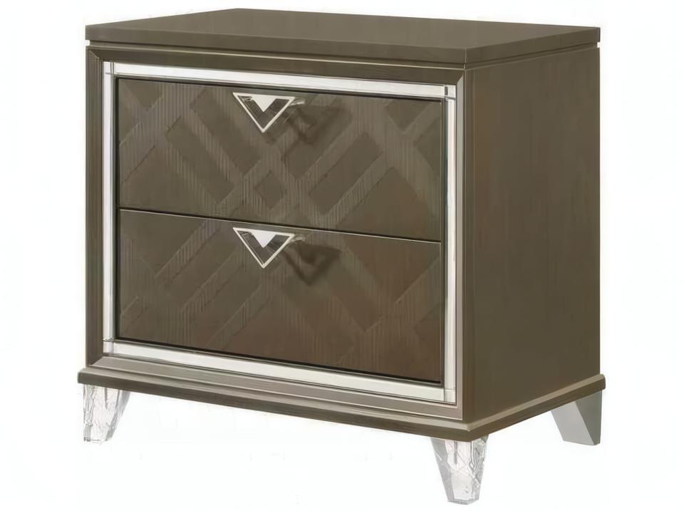 Skylar 2-Drawer Glam Nightstand in Dark Champagne with Mirrored Trim