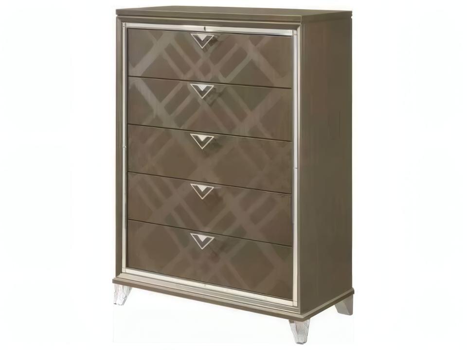 Skylar 5-Drawer Chest in Dark Champagne with Mirrored Trim