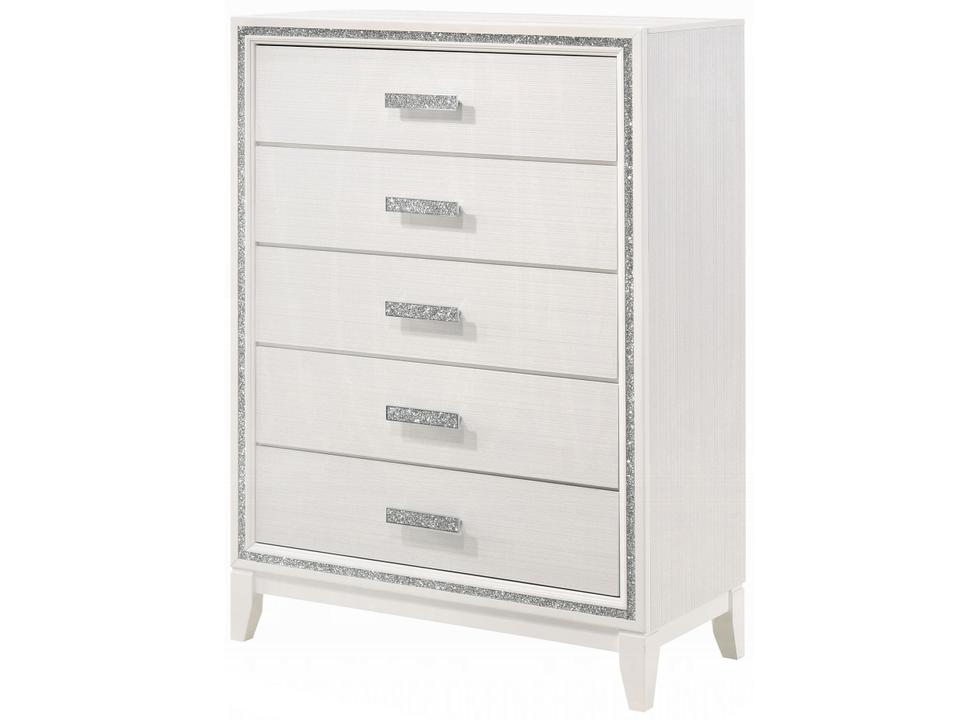 Haiden 5-Drawer Chest in White with Silver Trim