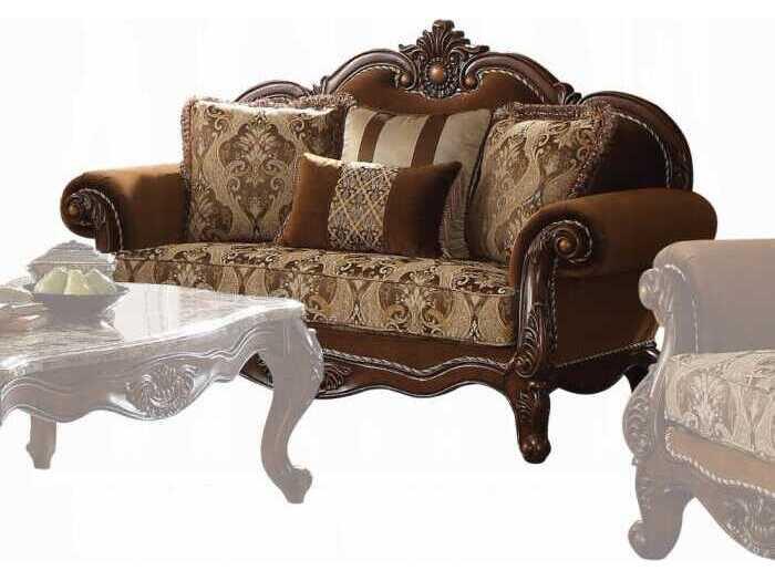 Jardena Fabric Loveseat with Floral Contrast Seat Cushions and Cherry Oak Trim