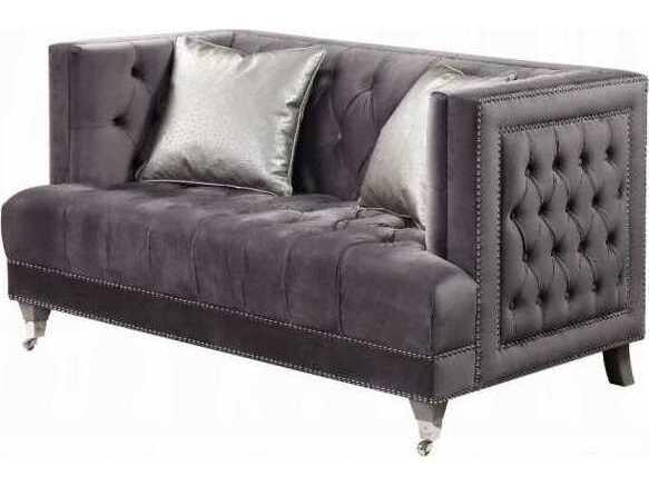 Hegio Velvet Button Tufted Loveseat with Nailhead Trim in Grey