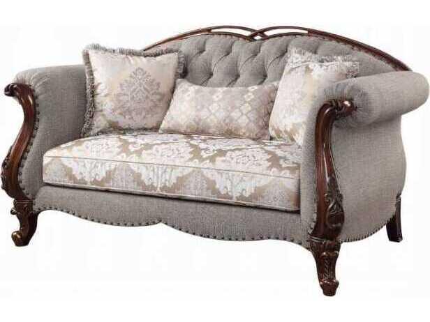 Miyeon Fabric and Cherry Wood Loveseat with 3 Pillows