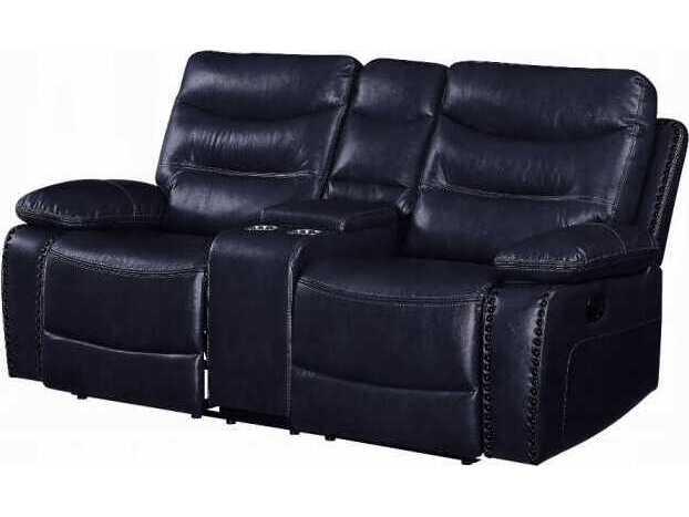 Aashi Navy Leather-Gel Match Reclining Loveseat with Console