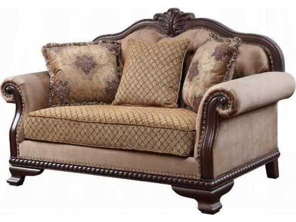 Chateau De Ville Fabric and Espresso Loveseat with 3 Pillows