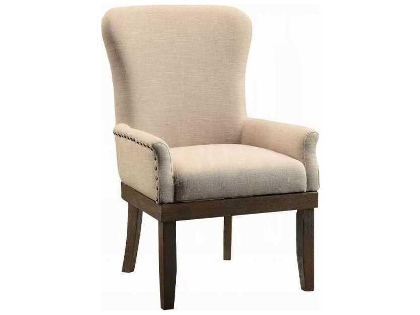 Landon Upholstered Wingback Dining Armchair in Beige Linen and Salvage Brown