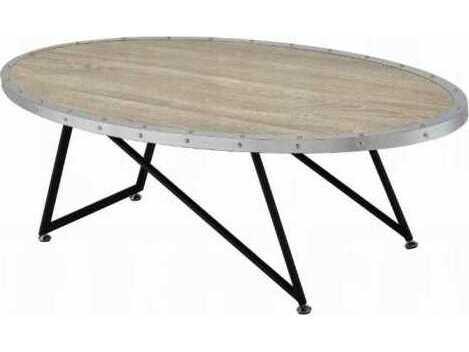 Allis Oval Coffee Table in Weathered Gray Oak and Metal