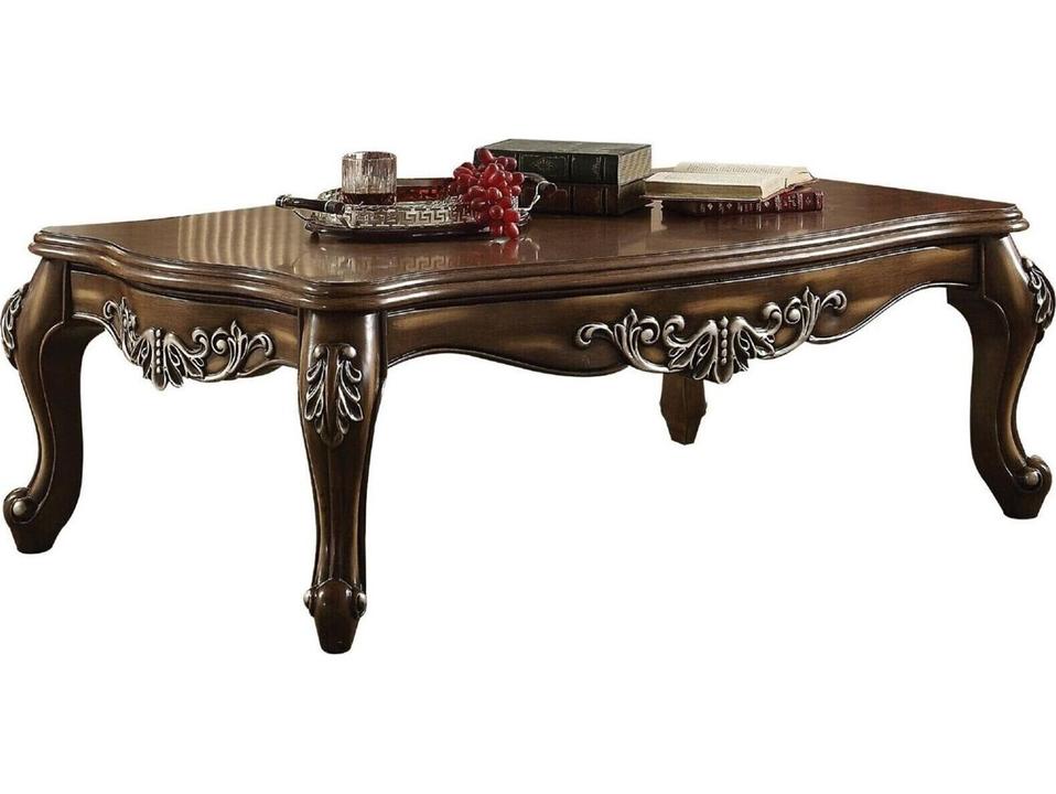 Latisha Rectangle Coffee Table with Carved Wood Details Antique Oak