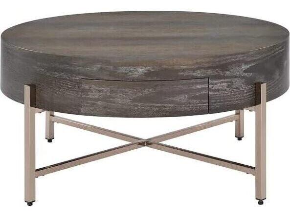 Weyton Drum Coffee Table with Drawer in Dark Oak and Champagne