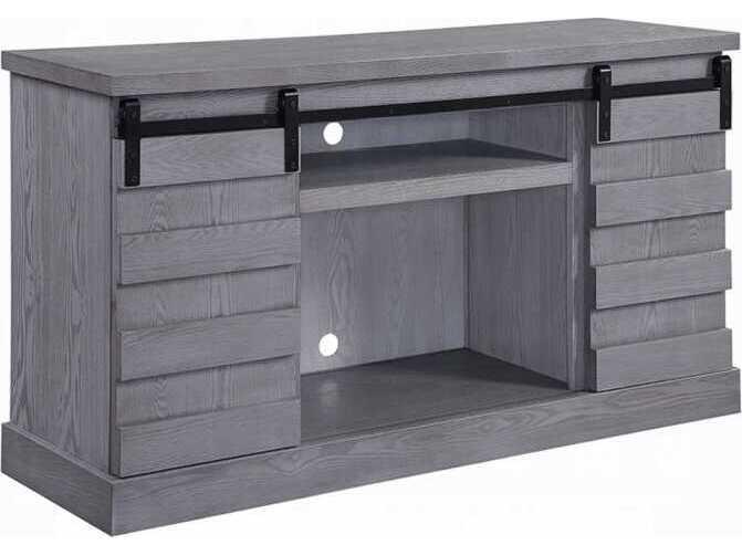 Amrita Farmhouse TV Stand with Electric Fireplace in Gray Oak