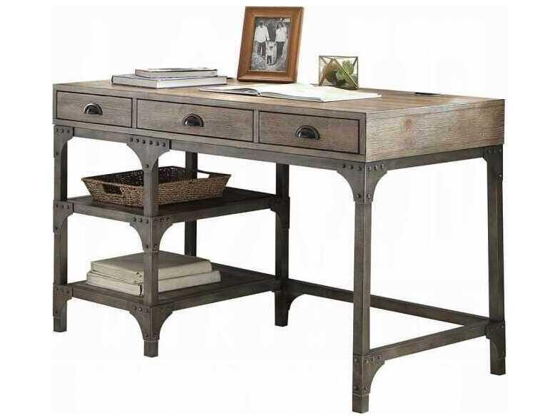 Gorden Rectangular Writing Desk Weathered Oak Finish Antique Silver Metal