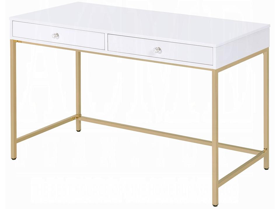 Ottey Rectangular Writing Desk in White High Gloss and Gold