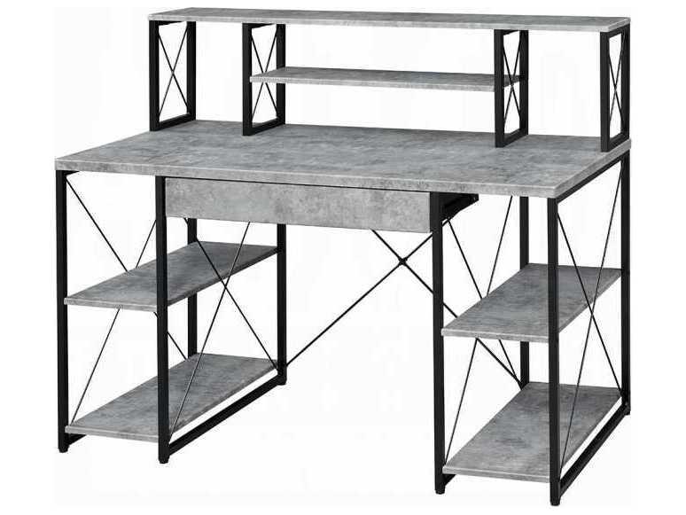Amiel Writing Desk with Faux Concrete Top and Black Metal Base