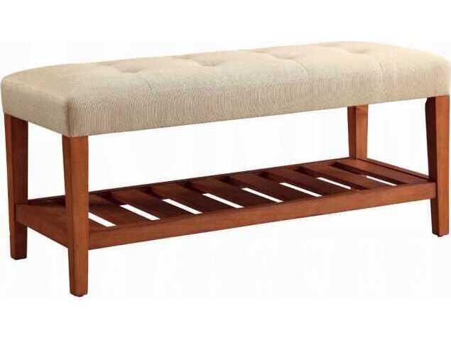 Charla Tufted Beige Fabric Bench with Oak Finish Shelf