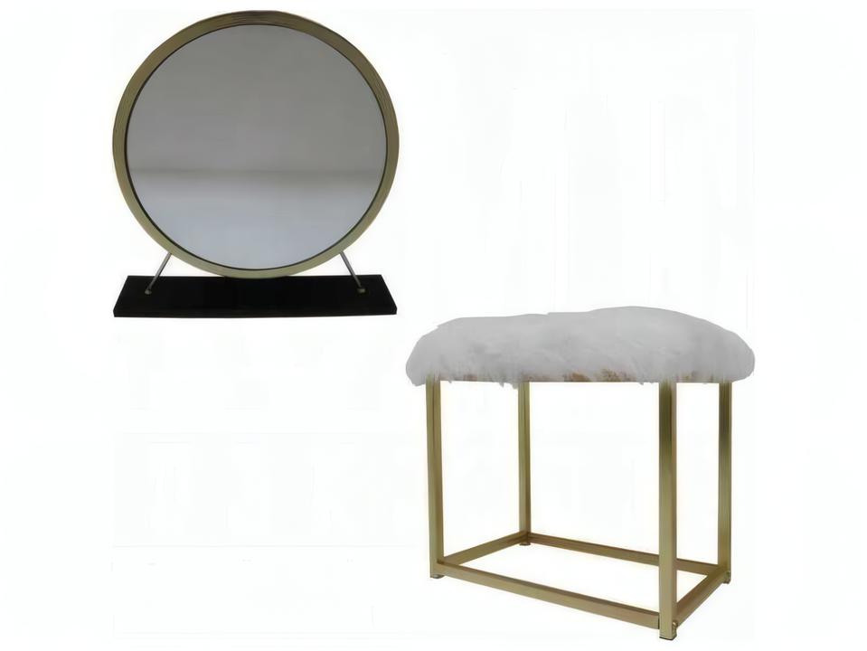 Adao Faux Fur Vanity Stool and Mirror Set in Black and Brass