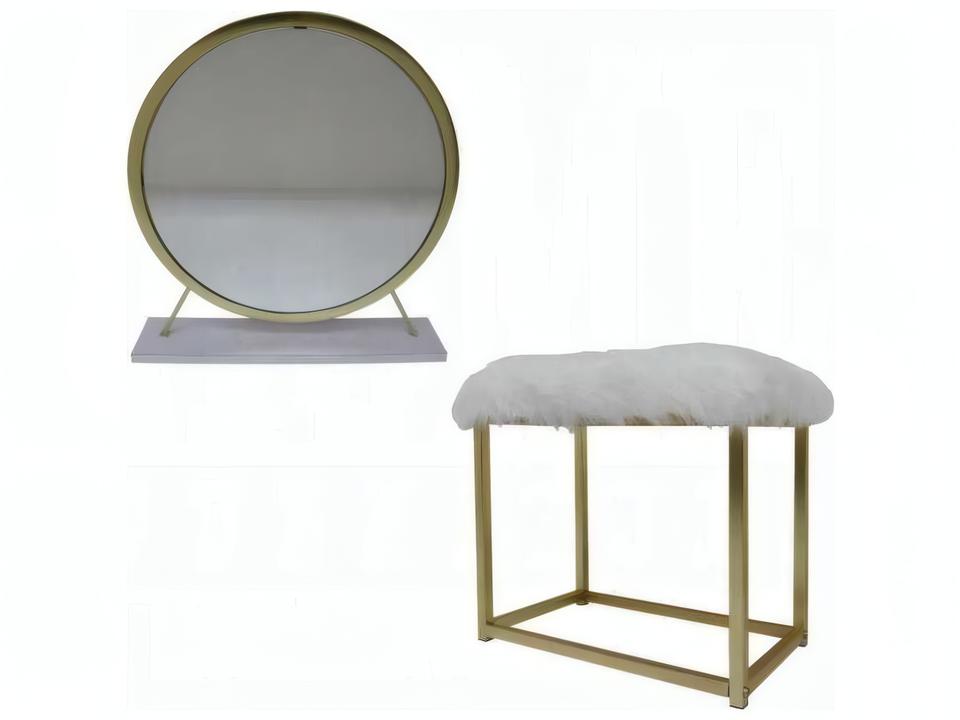 Adao Vanity Mirror and Stool Set White Faux Fur and Brass Finish