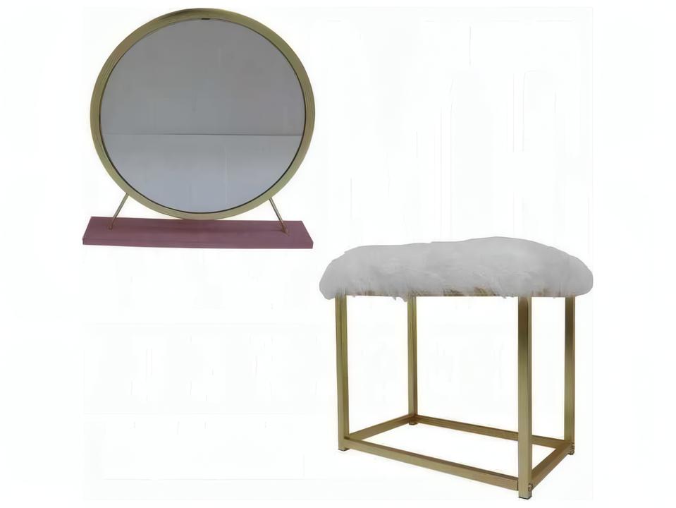 Adao Faux Fur Vanity Mirror and Stool Set Pink and Gold