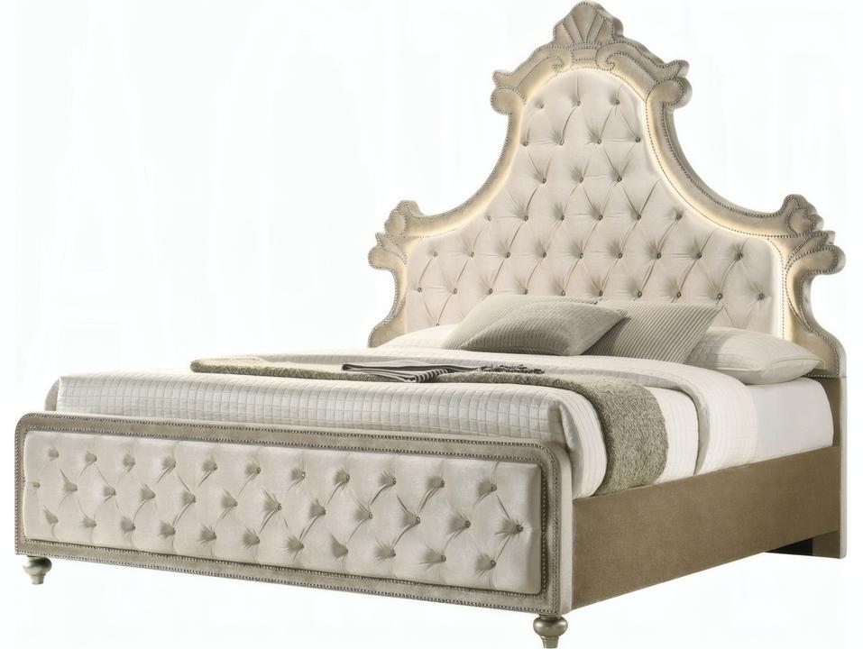 Lucienne Eastern King Upholstered Bed with LED in Beige Velvet