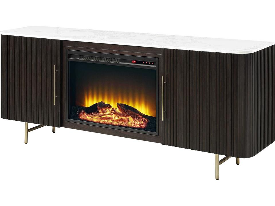 Clayten 72-Inch Server with White Marble Top and Fireplace in Espresso