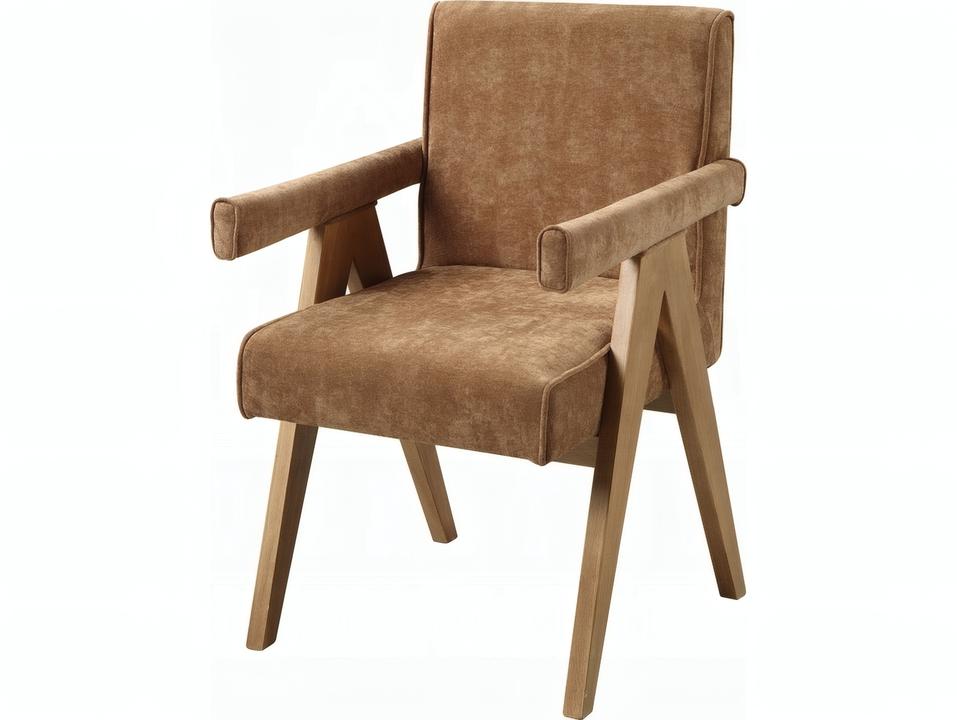 Zoey Upholstered Arm Dining Chair in Chocolate Chenille and Oak Set of 2