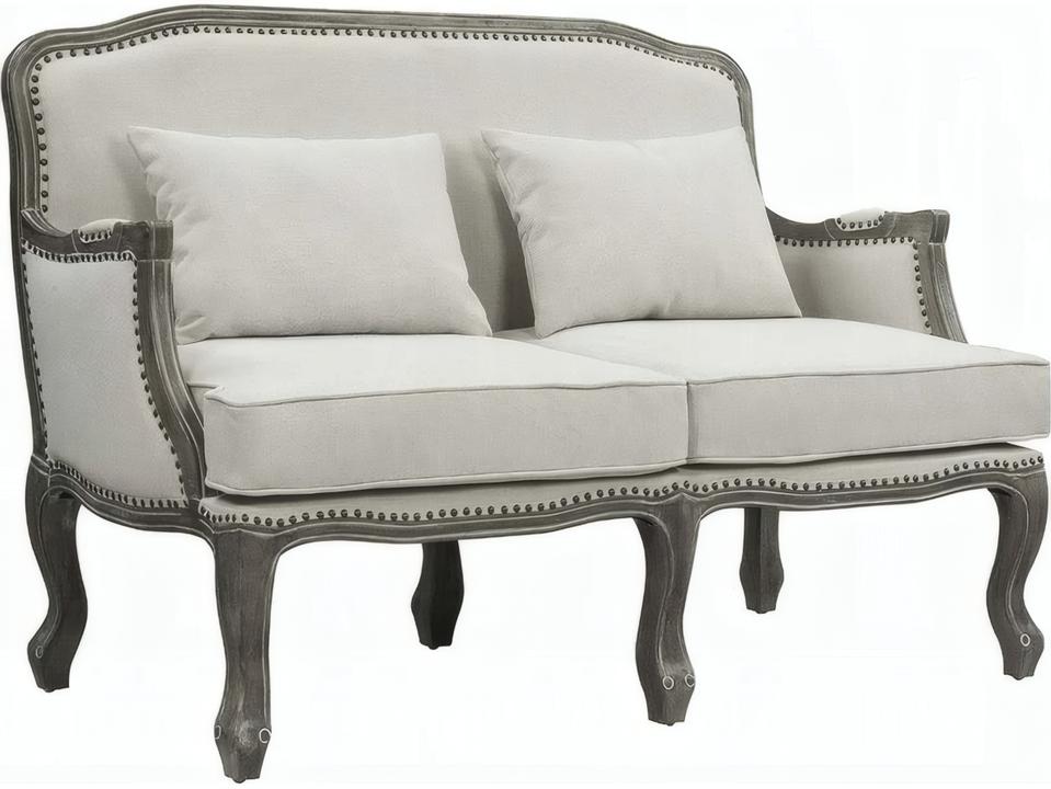 Tania Loveseat Sofa with Nailhead Trim in Cream Linen and Brown Finish